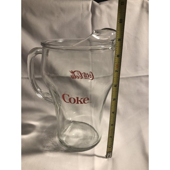Vintage Coca Cola Clear Glass Bar Pitcher Red Lettering Soda Advertising - Picture 1 of 9
